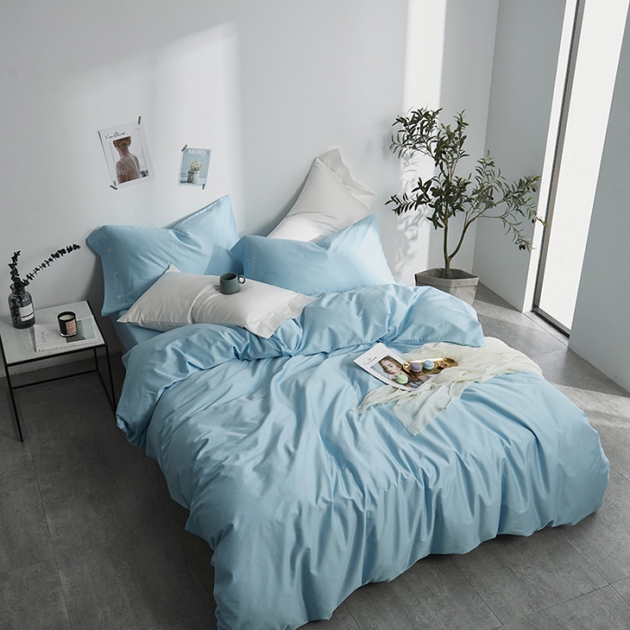 91家纺网 家纺一手货源 找家纺 优然居家纺 60支长绒棉纯色四件套天空蓝