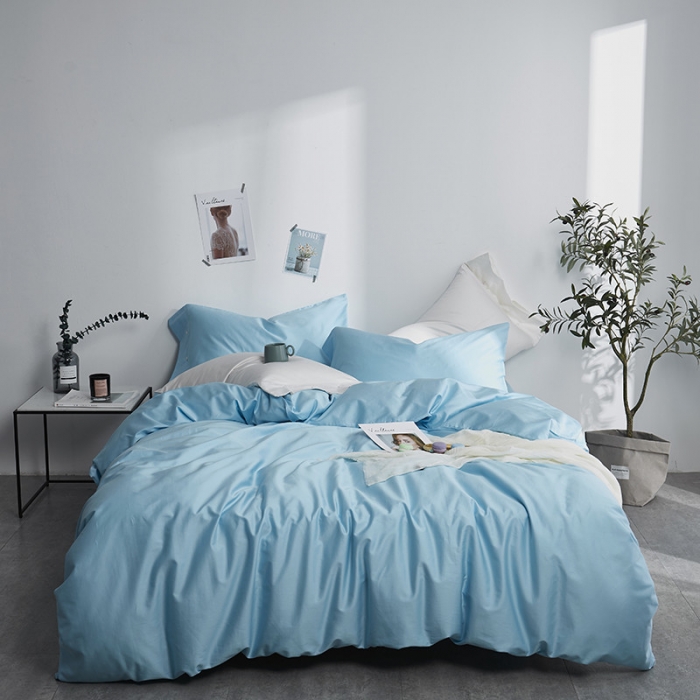 91家纺网 家纺一手货源 找家纺 优然居家纺 60支长绒棉纯色四件套天空蓝