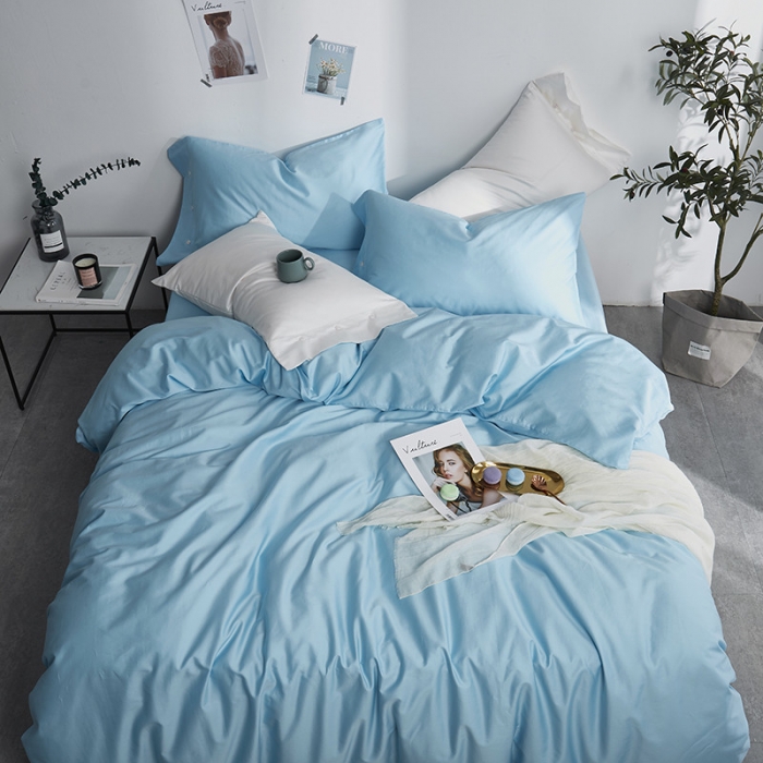 91家纺网 家纺一手货源 找家纺 优然居家纺 60支长绒棉纯色四件套天空蓝