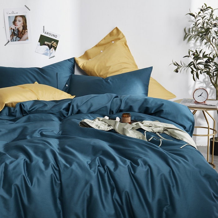 91家纺网 家纺一手货源 找家纺 优然居家纺  60支长绒棉纯色四件套静怡蓝