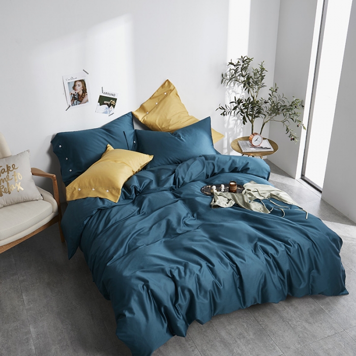 91家纺网 家纺一手货源 找家纺 优然居家纺  60支长绒棉纯色四件套静怡蓝