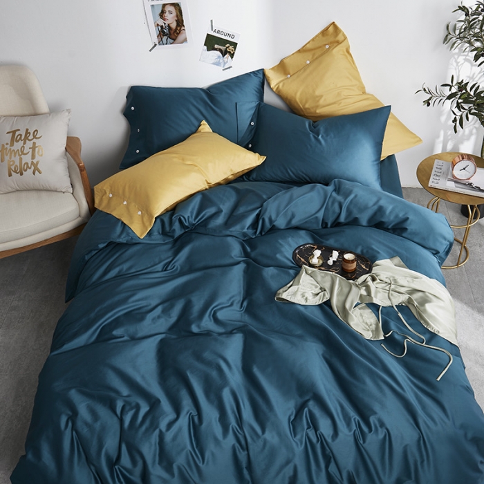 91家纺网 家纺一手货源 找家纺 优然居家纺  60支长绒棉纯色四件套静怡蓝