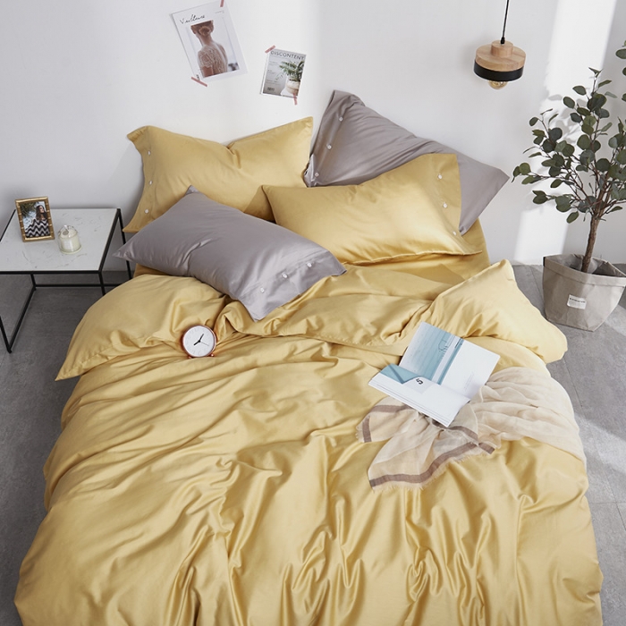 91家纺网 家纺一手货源 找家纺 优然居家纺  60支长绒棉纯色四件套 柠檬黄