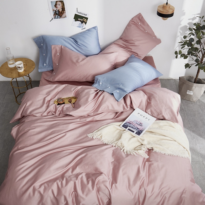 91家纺网 家纺一手货源 找家纺 优然居家纺  60支长绒棉纯色四件套 暖心粉