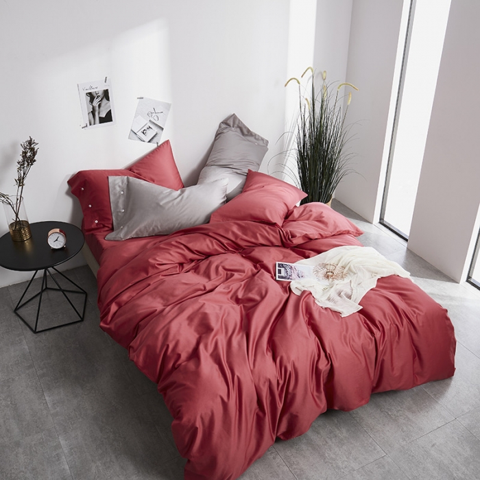 91家纺网 家纺一手货源 找家纺 优然居家纺  60支长绒棉纯色四件套 胭脂红