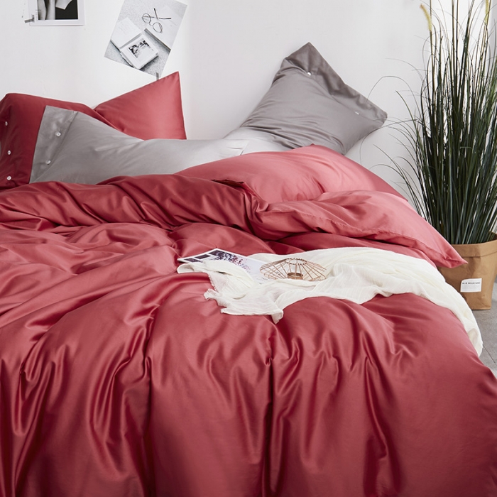 91家纺网 家纺一手货源 找家纺 优然居家纺  60支长绒棉纯色四件套 胭脂红