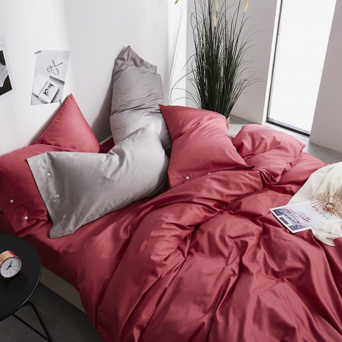 91家纺网 家纺一手货源 找家纺 优然居家纺  60支长绒棉纯色四件套 胭脂红