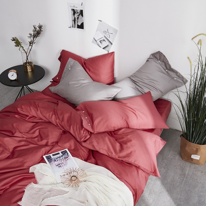 91家纺网 家纺一手货源 找家纺 优然居家纺  60支长绒棉纯色四件套 胭脂红