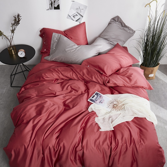 91家纺网 家纺一手货源 找家纺 优然居家纺  60支长绒棉纯色四件套 胭脂红