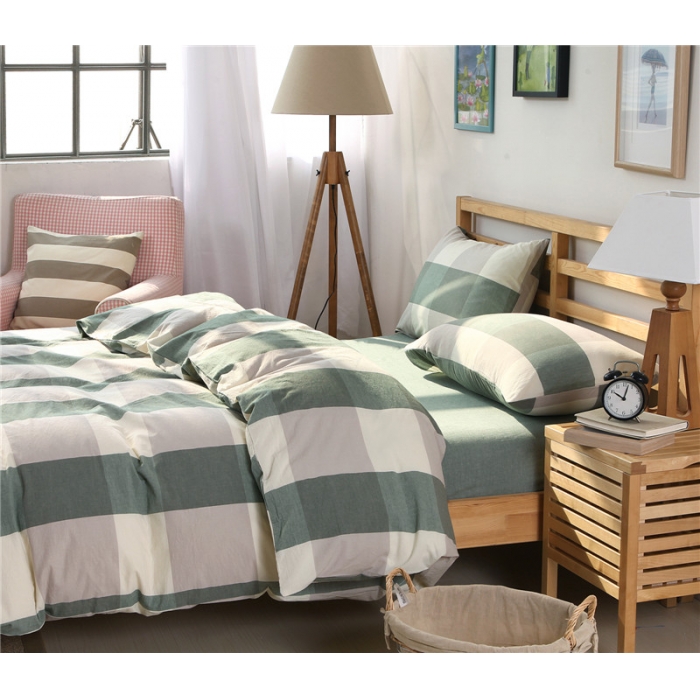 91家纺网 家纺一手货源 找家纺 例外Home 水洗棉四件套床笠款绿大格