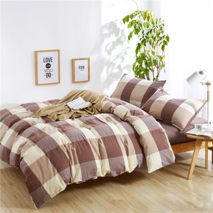 例外Home 水洗棉四件套床单款咖大格