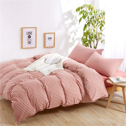 例外Home 水洗棉四件套床单款红小格