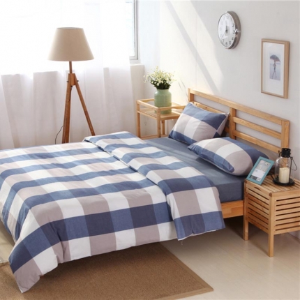 91家纺网 家纺一手货源 找家纺 例外Home 水洗棉四件套床单款蓝大格