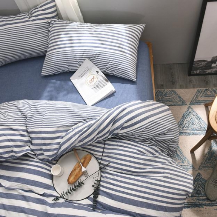 91家纺网 家纺一手货源 找家纺 例外Home 水洗棉四件套床单款渐变条-蓝