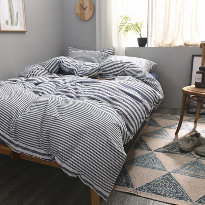 91家纺网 家纺一手货源 找家纺 例外Home 水洗棉四件套床单款渐变条-蓝
