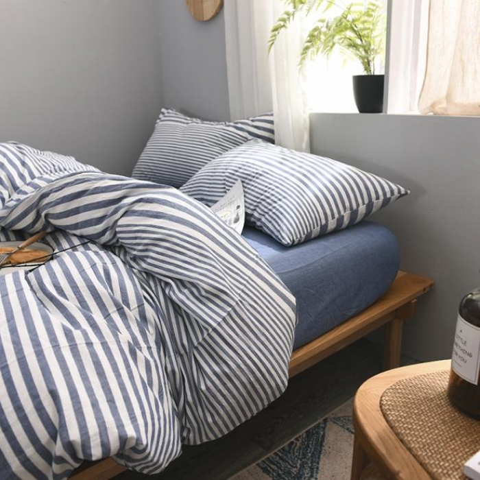 91家纺网 家纺一手货源 找家纺 例外Home 水洗棉四件套床单款渐变条-蓝