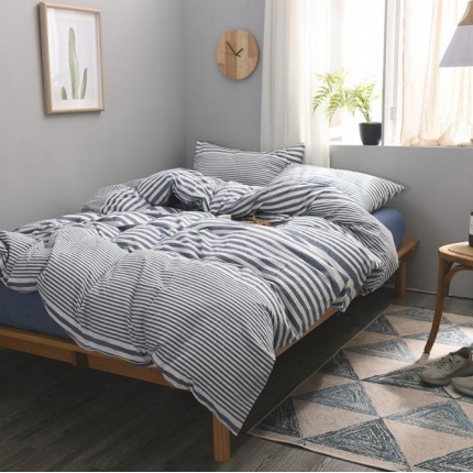 例外Home 水洗棉四件套床笠款渐变条-蓝