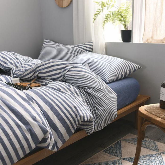 91家纺网 家纺一手货源 找家纺 例外Home 水洗棉四件套床笠款渐变条-蓝