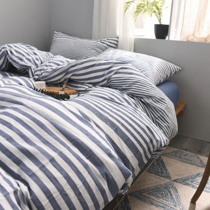 91家纺网 家纺一手货源 找家纺 例外Home 水洗棉四件套床笠款渐变条-蓝