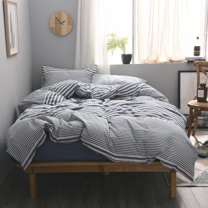 91家纺网 家纺一手货源 找家纺 例外Home 水洗棉四件套床笠款渐变条-蓝