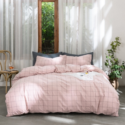 91家纺网 家纺一手货源 找家纺 例外Home 2020无印水洗棉基础款四件套床单款 粉灰中格