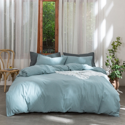 例外Home 2020无印水洗棉基础款四件套床单款 雾蓝细条