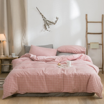 91家纺网 家纺一手货源 找家纺 例外Home2020无印水洗棉基础款四件套床单款衬衫小格豆沙