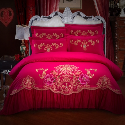 91家纺网 家纺一手货源 找家纺 慕她家纺 婚庆四件套大红蕾丝刺绣全棉纯棉花蔓喜多玫红