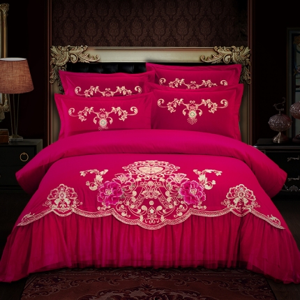 91家纺网 家纺一手货源 找家纺 （总）慕她家纺 婚庆四件套大红蕾丝刺绣全棉纯棉花蔓喜多