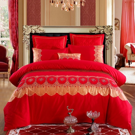 91家纺网 家纺一手货源 找家纺 （总）慕她家纺 简约婚庆系列大红色刺绣全棉纯棉四件套