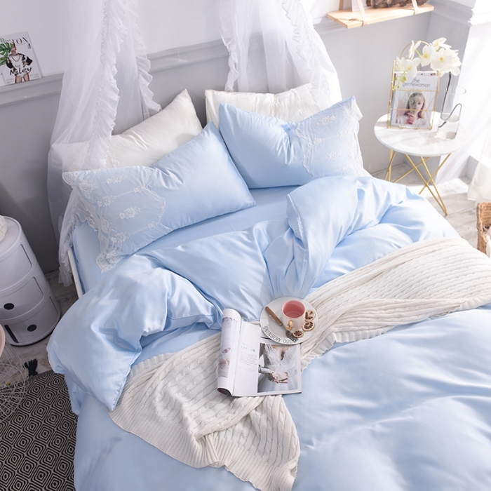 91家纺网 家纺一手货源 找家纺 艾米家居 水洗真丝四件套纯真系列 浅蓝色
