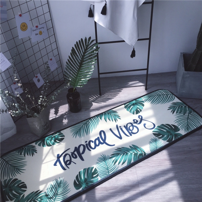 91家纺网 家纺一手货源 找家纺 昔可家纺 2017新款长条地垫绿叶-奶白底