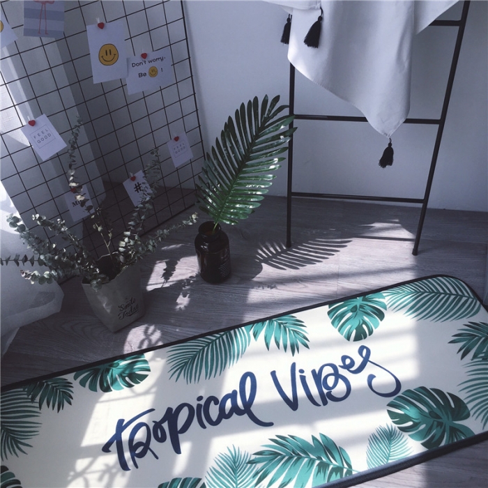 91家纺网 家纺一手货源 找家纺 昔可家纺 2017新款长条地垫绿叶-奶白底