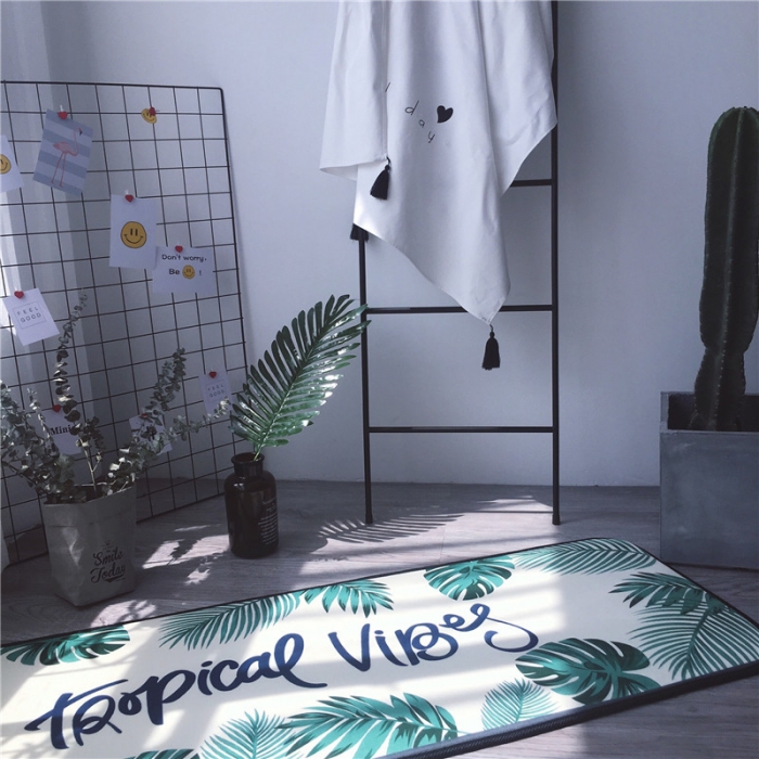 91家纺网 家纺一手货源 找家纺 昔可家纺 2017新款长条地垫绿叶-奶白底