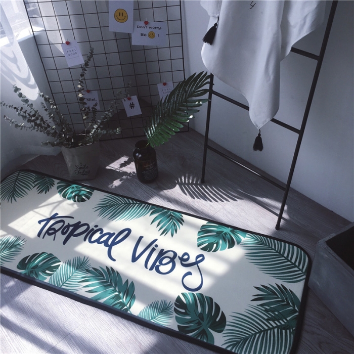 91家纺网 家纺一手货源 找家纺 昔可家纺 2017新款长条地垫绿叶-奶白底