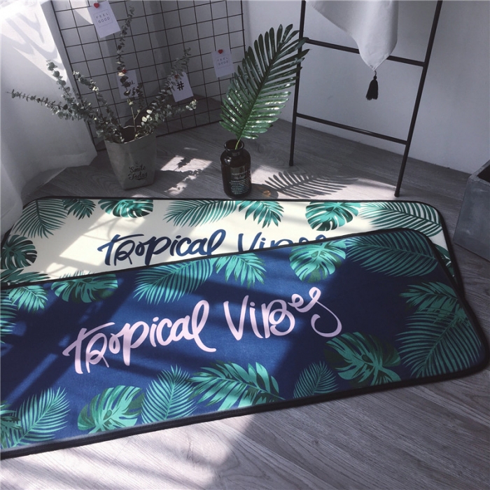 91家纺网 家纺一手货源 找家纺 昔可家纺 2017新款长条地垫绿叶-深蓝底