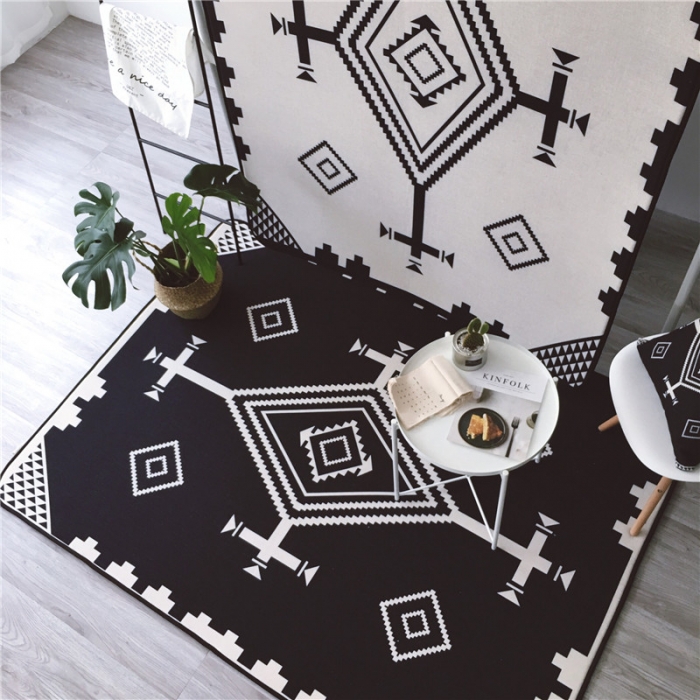 91家纺网 家纺一手货源 找家纺 昔可家纺 2017新款新款棉麻大地垫 民族菱格-黑