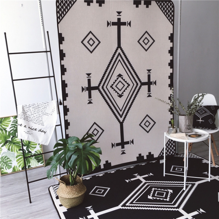 91家纺网 家纺一手货源 找家纺 昔可家纺 2017新款新款棉麻大地垫 民族菱格-黑