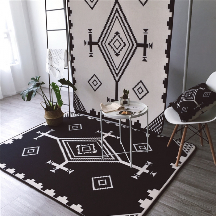 91家纺网 家纺一手货源 找家纺 昔可家纺 2017新款新款棉麻大地垫 民族菱格-黑