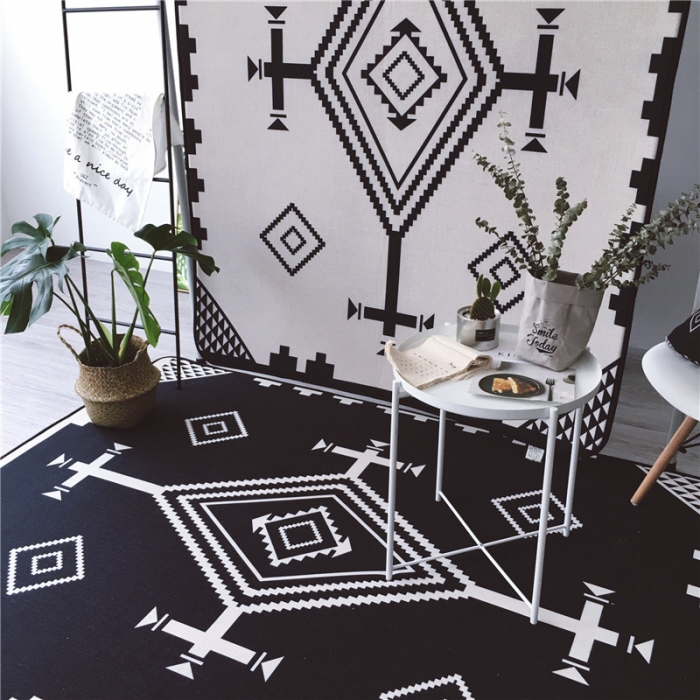 91家纺网 家纺一手货源 找家纺 昔可家纺 2017新款新款棉麻大地垫 民族菱格-黑