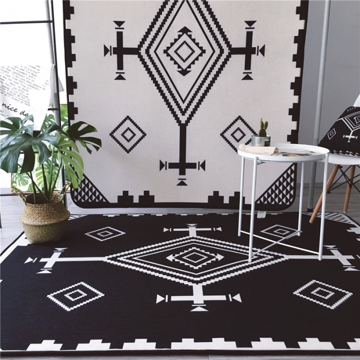 91家纺网 家纺一手货源 找家纺 昔可家纺 2017新款新款棉麻大地垫 民族菱格-黑