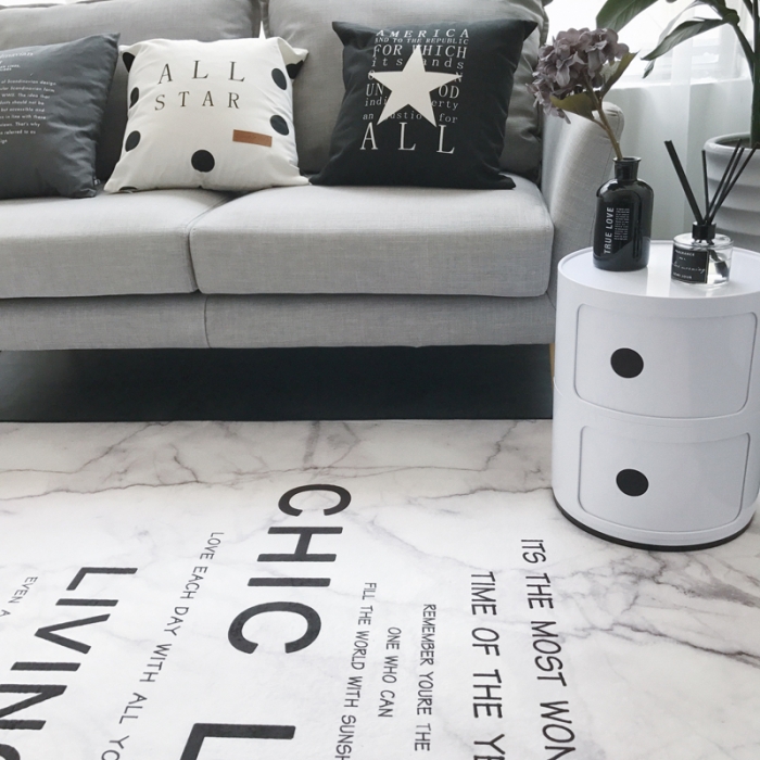 91家纺网 家纺一手货源 找家纺 昔可家纺 新款chic风大地垫大理石字母白