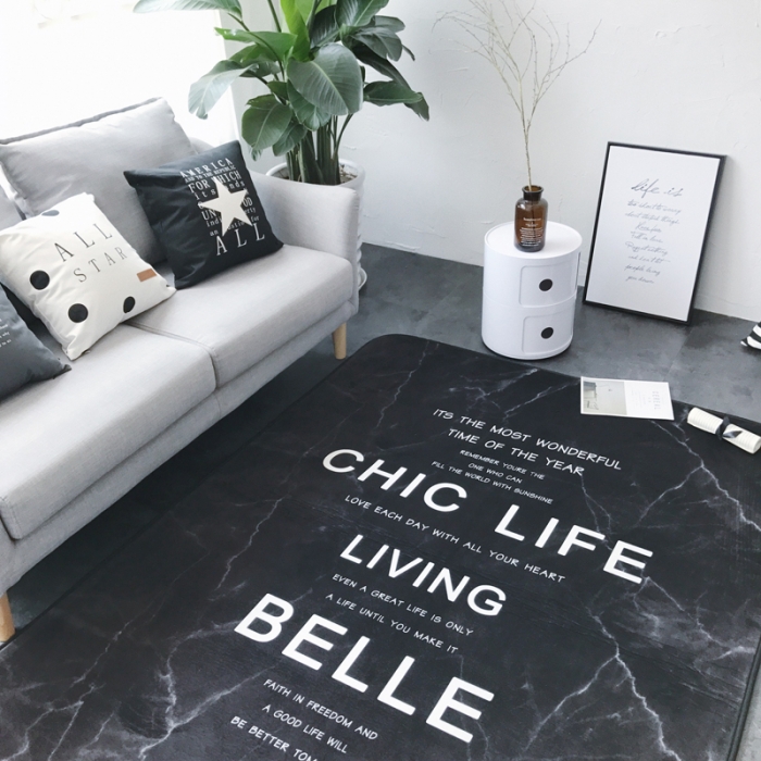 91家纺网 家纺一手货源 找家纺 昔可家纺 新款chic风大地垫大理石字母黑
