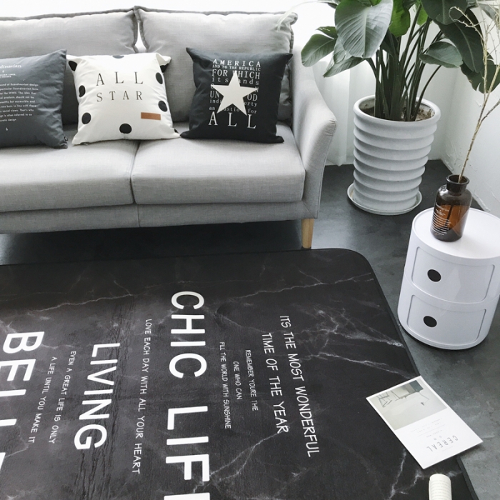 91家纺网 家纺一手货源 找家纺 昔可家纺 新款chic风大地垫大理石字母黑