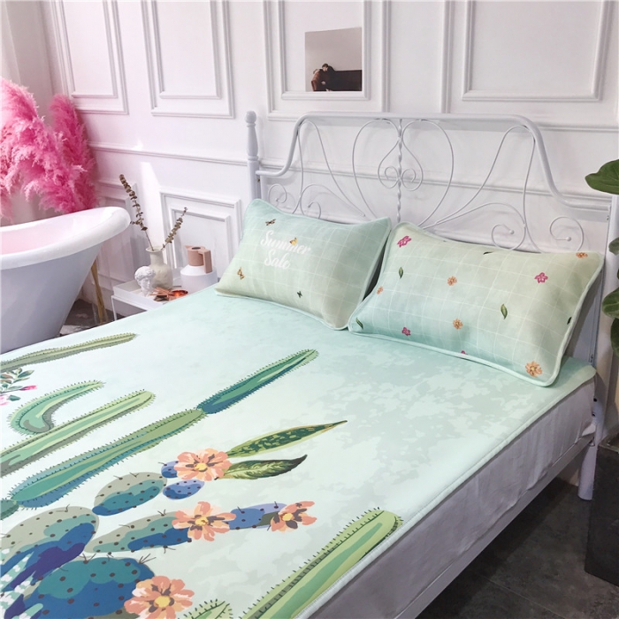 91家纺网 家纺一手货源 找家纺 昔可家纺 2018新款3D凉席 绿色仙人掌