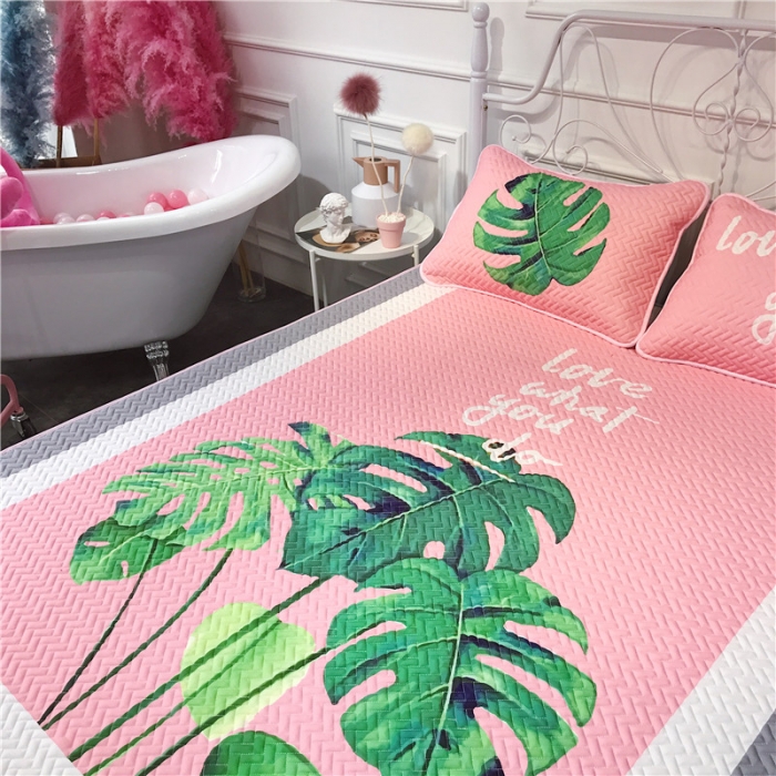 91家纺网 家纺一手货源 找家纺 昔可 chic风高颜值亲肤天丝空调软席三件套粉底龟背竹