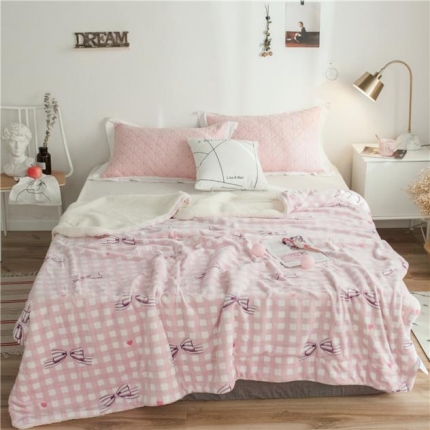 91家纺网 家纺一手货源 找家纺 昔可家纺 2018新品羊羔绒毛毯 格子蝴蝶结