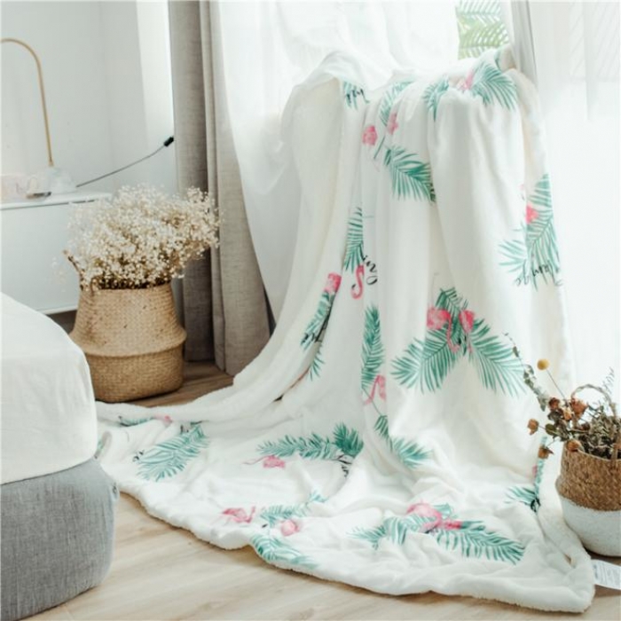 91家纺网 家纺一手货源 找家纺 昔可家纺 2018新品羊羔绒毛毯 绿叶鸟