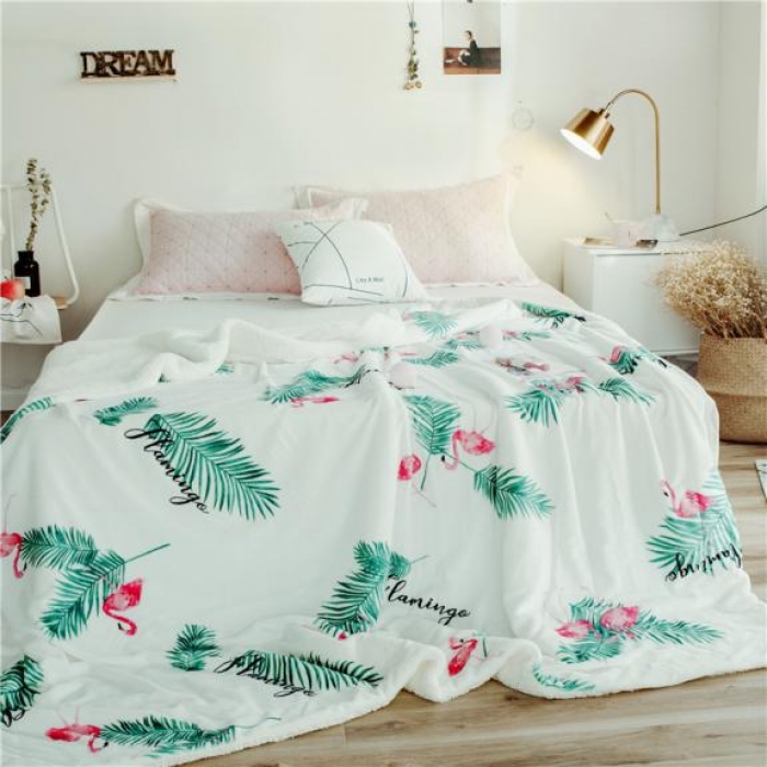 91家纺网 家纺一手货源 找家纺 昔可家纺 2018新品羊羔绒毛毯 绿叶鸟