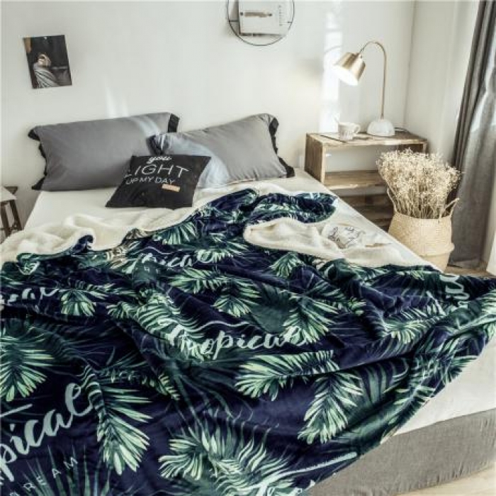 91家纺网 家纺一手货源 找家纺 昔可家纺 2018新品羊羔绒毛毯 热带植物